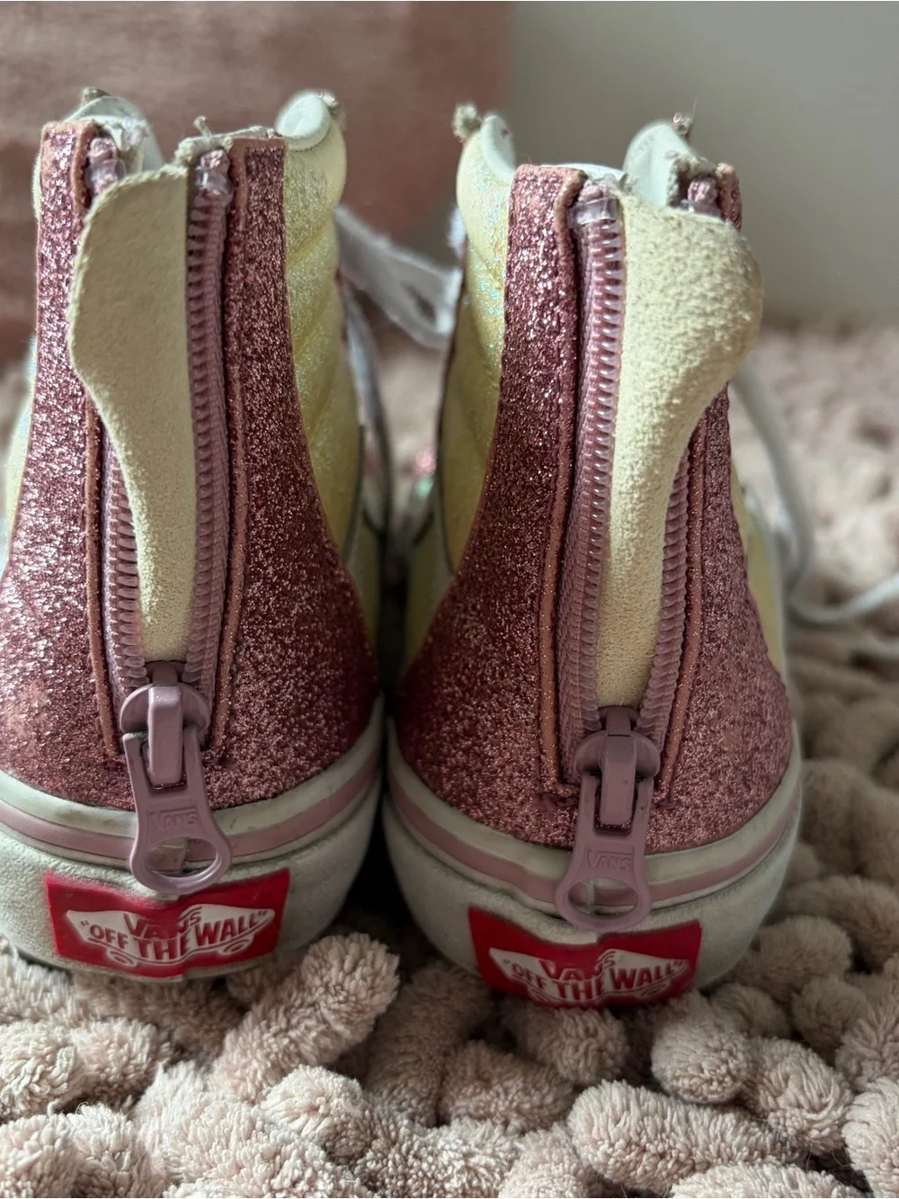Vans Kids High-Top Glitter Sneakers in Pink and Pale Yellow